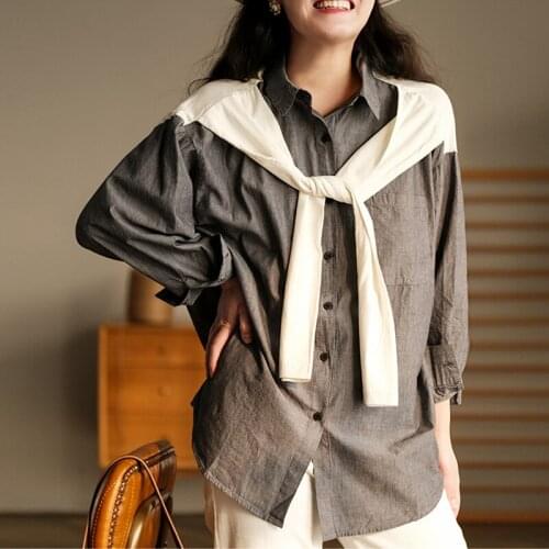 Johnature Women Striped Shirts Cotton Linen Casual Patchwork Blouses 2021 Summer New Button Korean Style Female Clothes Shirts