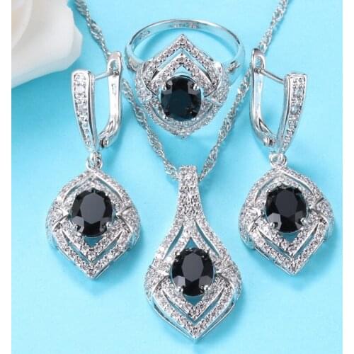 AAA+ Black Cubic Zirconia Jewelry Sets 925 Silver Women Fashion Party Costume Necklace And Earrings Ring 3-Piece Sets