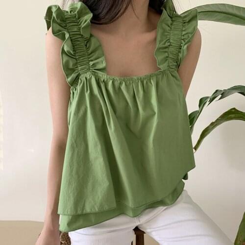 Korean Chic Summer Temperament, Tender Green, White Square Collar, Wooden Ears, Loose Hem, Double Doll Vest Shirt, Female