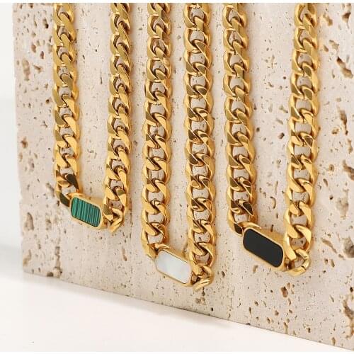 Stainless Steel Cuban Chain Shell Pendant Necklace For Women 18K Gold Plated Statement Choker Neckalce