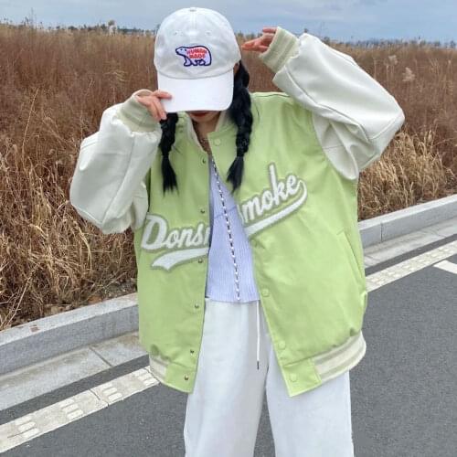 Baseball Jacket Letter Green Womens Spring and Autumn New Loose Korean American Streetwear Top Womens Oversized Jacket