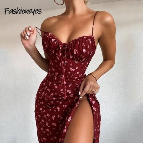 Fashioncyes Rose Print Bodycon Dresses For Women Party Club Sexy Casual Spaghetti Strap Autumn Strapless Split Red Vestidos