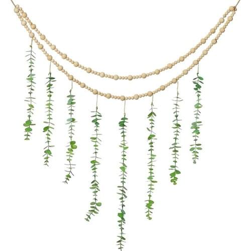 Eucalyptus Boho Wall Decor Large Boho Bedroom Wall Hanging Wooden Bead Garland Artificial Eucalyptus Natural Greenery