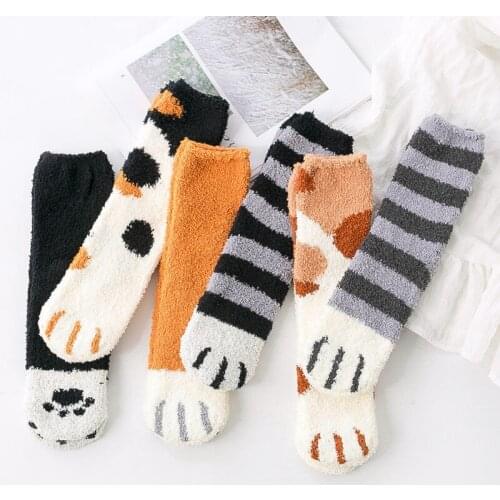 New Arrivals 1 Pair Coral Fleece Socks Female Kawaii Tube Socks Autumn Winter Cat Claws Cute Thick Warm Sleeping Floor Socks