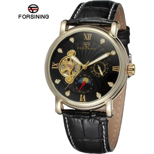 NEW ARRIVE! FORSINING FSG800M3G4 moon phase popular design for men gold color case black dial with stones genuine leather
