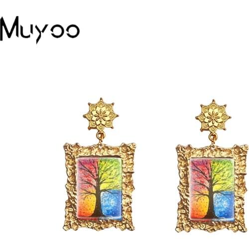 New Vintage Scenery Tree Colorful Tree of Life Oil Paintings Handcraft Retro Mandala Jewelry Beauty Tree Paintings Drop Earrings