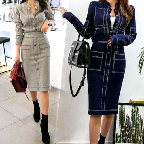 Formal Knitting Clothing Set Spring Autumn Women Knit Buckles Tops Cardigans And Slim Skirt OL Party Skirt Suit Set CC071