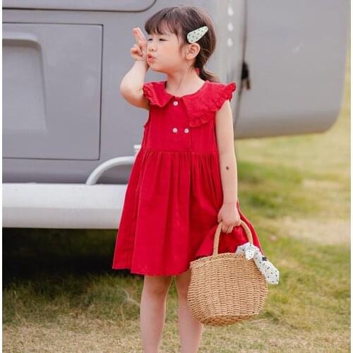 Girls dress 2020 summer new fashion girls solid color sleeveless double breasted doll lapel dress