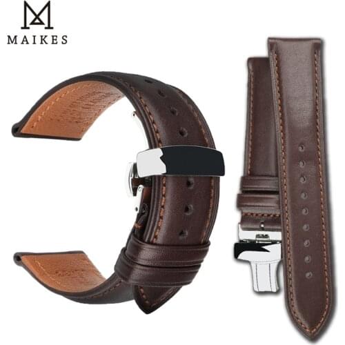 MAIKES Butterfly Buckle Brown Calfskin Watch Band Universal wrist Cowhide Leather 18 19 20 21 22 24mm Strap