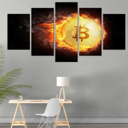 Modern Wall Art Posters Paintings Canvas Prints Pictures 5 Piece Bitcoin Coins Fire Black Background Picture Room Artwork