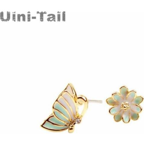 Uini-Tail hot new 925 sterling silver fashion temperament asymmetric butterfly flower earrings Korean creative sweet earrings