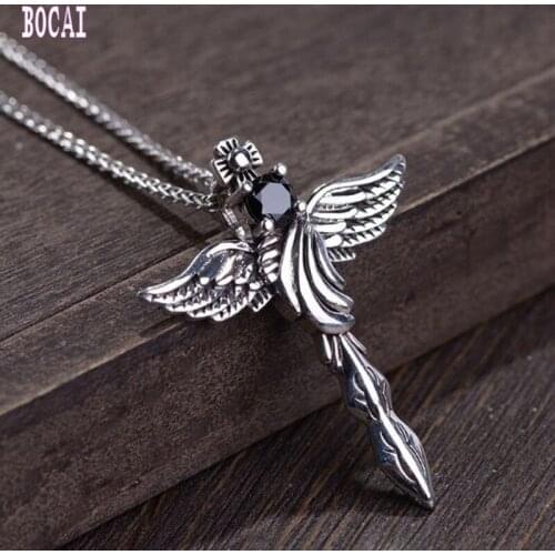 S925 silver vintage craft cross flying eagle wings zircon mans silver pendant