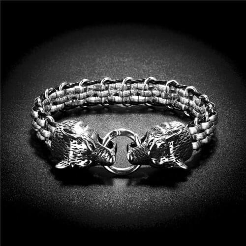 High Quality Men Pure Stainless Steel Bracelet Double Wolf Head Dragon Head Bracelets Vintage Punk Style Titanium Steel Bracelet