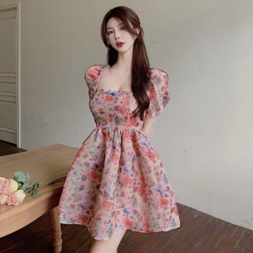 WOMENGAGA Summer 2021 Women High Waist Printed Dress Fashion Square Collar Puff Sleeve Appliques Short Dresses VTRV