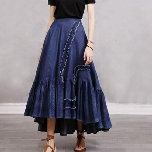 QPFJQD Ladies Irregular Fungus Edge Elastic Waist Retro Denim Skirt 2021 Summer Autumn Women Elegant Loose Skirts Solid Color