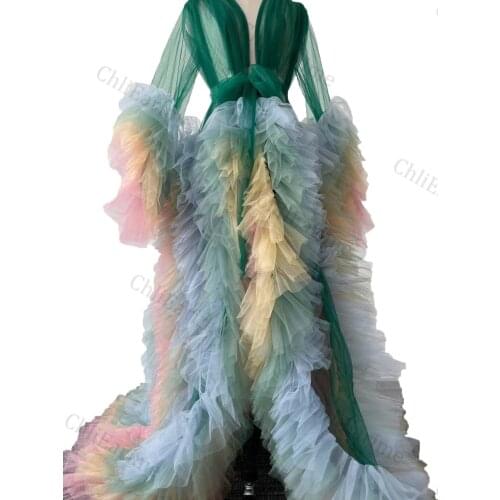 Ladies' multi-color stitching custom colored tulle see-through fluffy gowns