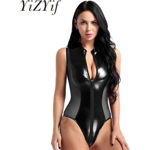 Women Open Crotch Lingerie Bodysuits Clubwear Shiny Patent Leather and Sheer Mesh Splice Zipper High Cut Bodysuit Thong Swimsuit