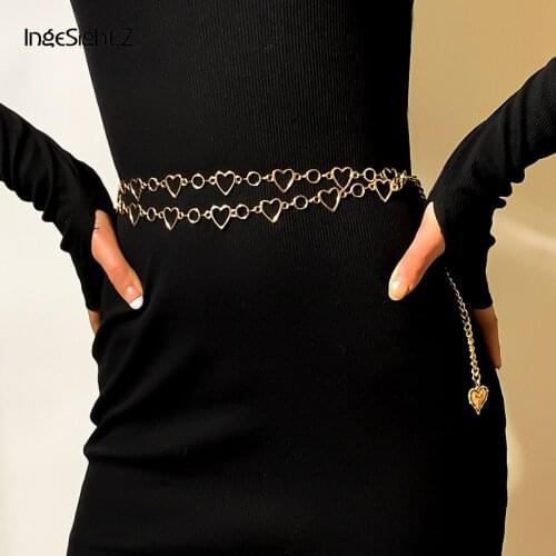 IngeSight.Z Double Layered Hollow Out Love Heart Harness Waist Belly Chain Bikini Vintage Heart Pendant Belt Women Body Jewelry