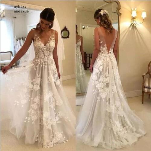 Beach Vestido De Noiva Wedding Dresses 2020 A-line V-neck Tulle Lace Backless Dubai Arabic Boho Wedding Gown Bridal Dresses
