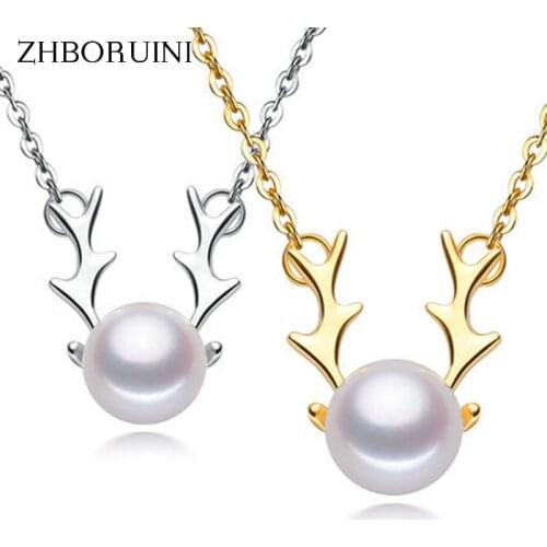 ZHBORUINI Pearl Necklace Pearl Jewelry Natural Pearl Reindeer Pendants 925 Sterling Silver Jewelry For Women Christmas Gift