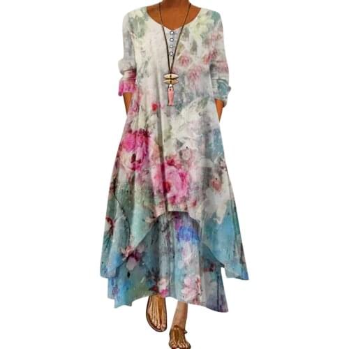 Floral Print Plus Size Vintage Loose Maxi Dress Women Oversize Loose Bohemian V Neck Long Sleeve Summer Beach Dress Платье G3