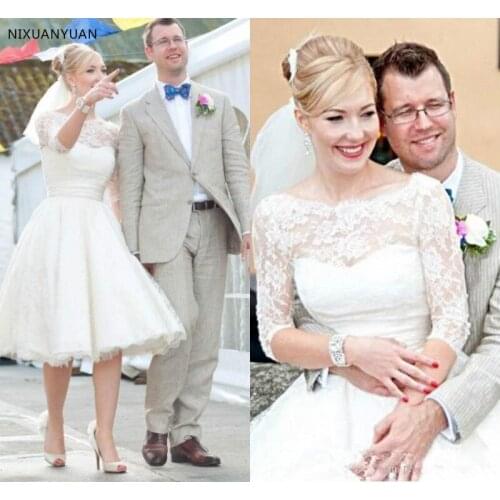 Cheap Short Lace 2021 Wedding Dress 1/2 Sleeves Bateau A-Line Appliques Tea Length Vestido De Novia De Bridal Wedding Gowns