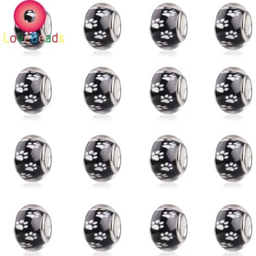10Pcs Black Dog Paw Print Cute Puppy Murano Charm Large Hole Beads Fit Pandora Bracelet Bangle Big Hole Chain Jewelry Women Girl