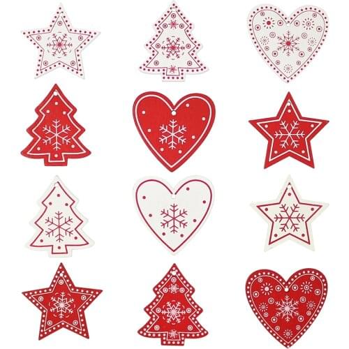 12PCS Heart&Star&Tree Wooden DIY Christmas Pendants Ornaments For Xmas Tree Ornaments Christmas Party Kids Gifts Decorations