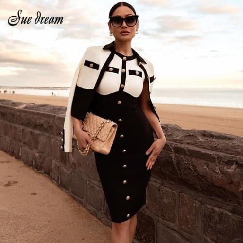 2021 New Bandage Dress Womens Luxury Sexy Sleeveless Patchwork Buttons White Bodycon Designer Elegant Evening Dress Vestidos