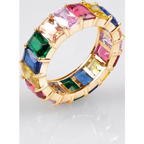 7 Style Dainty Rainbow Ring Colorful Multi Color CZ Eternity Square Baguette Finger Gold Ring Women Females Jewelry Accessory