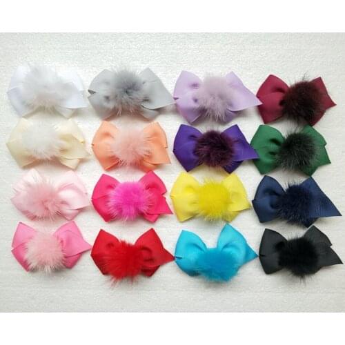 Hair Bowknot Clip Accessories with Fur Pompon Ball for Women Girl Pompom Bobbles Ponytail Holders Hair ties 1pair GR104