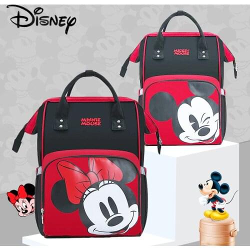 Disney Cute Minnie Mickey Red Diaper Bag Waterproof/Baby Care/Mummy Bag Maternity Backpack Large Nappy Bag Striped Bow Dot Smile