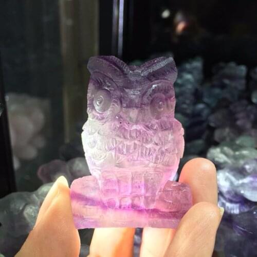 Natural Stone Figurines Colorful Fluorite Quartz Crystal Craft Carved Animals Owl Statue Reiki Healing for Home Decoration