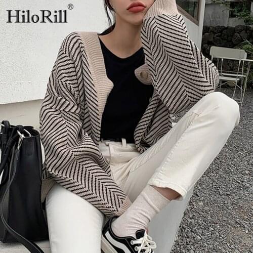 HiloRill Knitted Striped Cardigan Sweater Women Patchwork Top Autumn Winter 2021 Long Sleeve Casual Outwears V Neck Buttons Coat