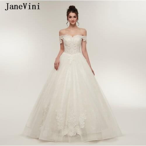 JaneVini Romantic Beaded Long Wedding Dresses 2021 Off Shoulder Lace Appliques A Line Tulle Bridal Korean Dress Vestido De Noiva