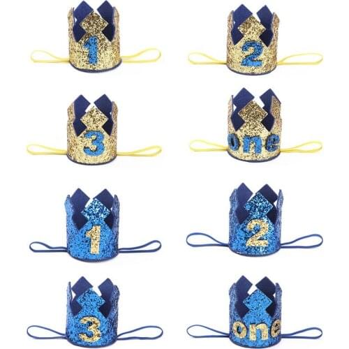 Birthday crown for baby girl Blue Gold Boy First Birthday Hat Princess Crown Number 1 2 3 Year Old Party Decor Headband Kids Gif