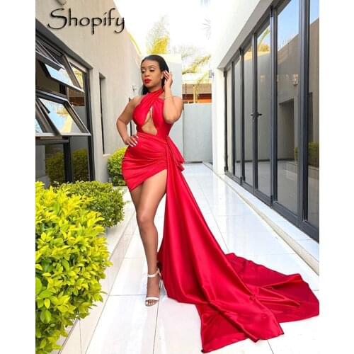 Red Evening Dress 2021 Halter Sexy Sleeveless Short Front Long Back African Women Unique Satin Formal Gowns