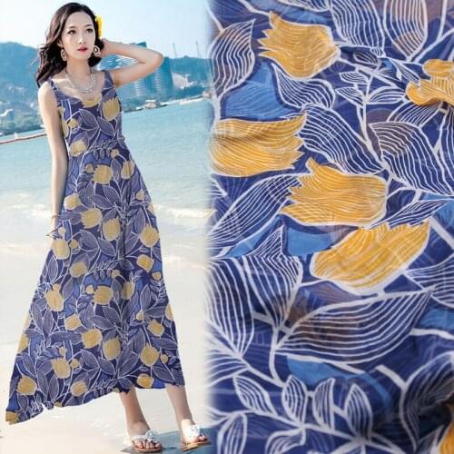 Fashion yellow floral on blue pure silk chiffon silk fabric natural fabric,SCF156