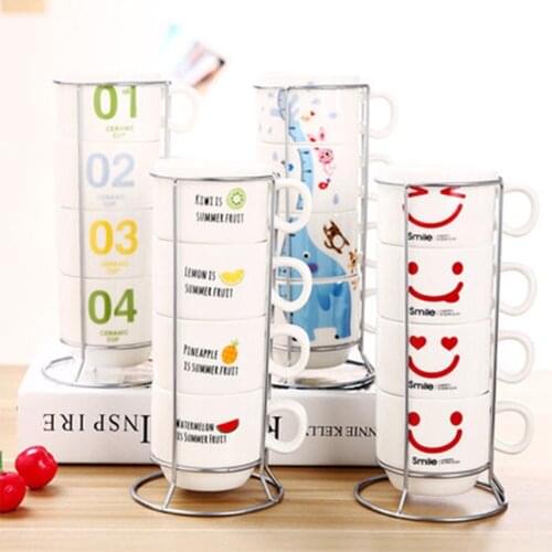 Ceramic Cup Set Water Cup Stacked Cup Coffee Cup With Iron Frame Milk Cup Tower Cartoon Mug Tea Cup
