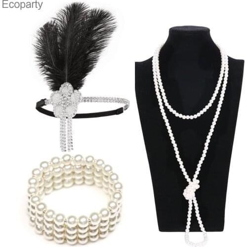 New1920s Charleston Party Flapper Girl Rhinestone Headband Pearl Necklace Bracelet Cigarette Holder Great Gatsby Accessories Set