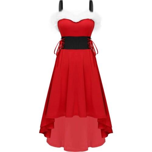 New Women Christmas Costume Dresses for Ladies Xmas Santa Claus Sleeveless Bowknot A-line Dress for New Year Party