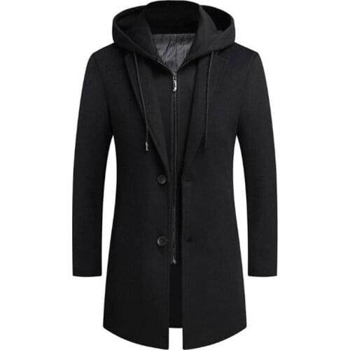 2021 New Arrival Men Woolen Hooded Coat Slim Fit Detachable Hat Long Thick Windproof Casual Winter Autumn Wool & Blends