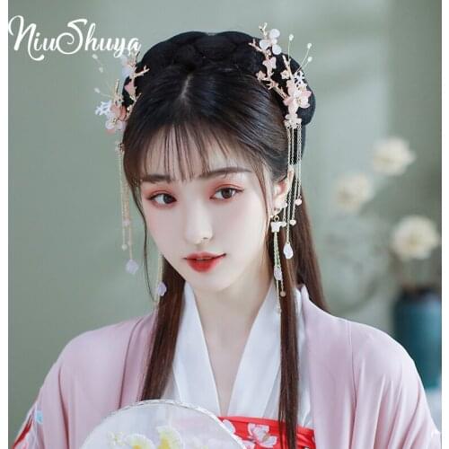 NiuShuya Ancient Traditional Chinese Hairpin Hanfu Headdress Tassels Super Fairy Pink Flower Hair Accessories