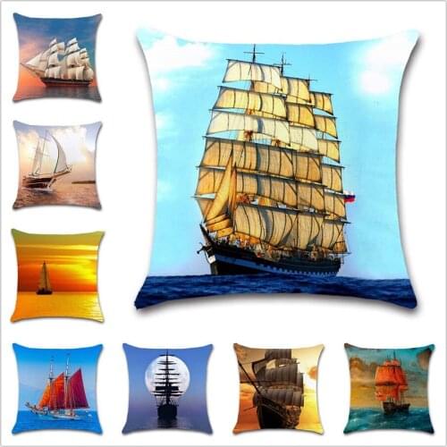 Sailing boat on sea sunset moon scenery white Cushion Cover Decoration chair Home sofa seat friend living room gift pillowcase