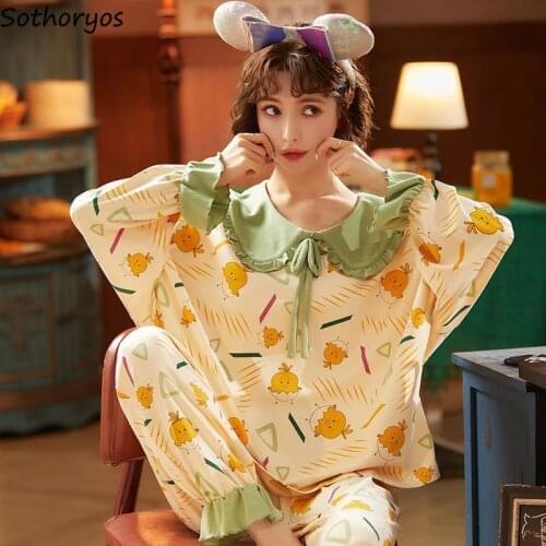 Pajama Sets Women Lovely Printed Loose Ruffles Long Sleeve Tops Ankle Length Pants Students Home-wear Cozy Females Lounge Trendy