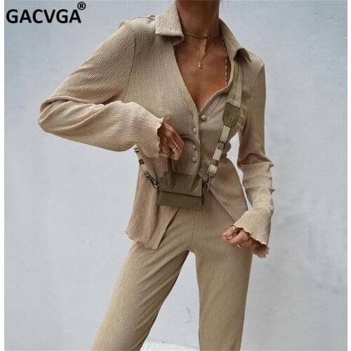 GACVGA Casual Solid Two Piece Sets Women Long Sleeve Buttons Top Slim Flare Pant Outfits Ladies Fashion Matching Set Streetwear