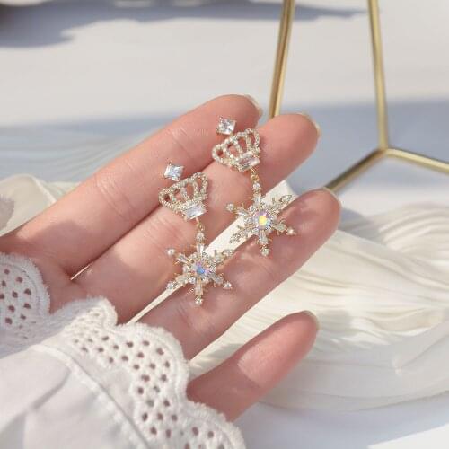 Luxury 14k Real Gold Super Flashing Zircon Snowflake Diamond Crown Earrings Wedding Wedding Bridal Jewelry Ladies Accessories