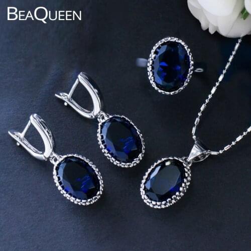 BeaQueen Luxury Oval Dark Blue Shining Cubic Zirconia Necklace Earrings Ring CZ Crystal Jewelry Sets Xmas New Year Gift JS094