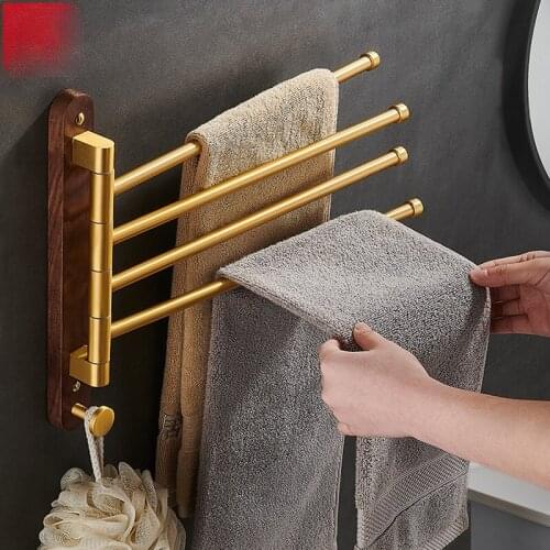 Bathroom Black Walnut Gold Rotating Towel Rack Small Size Space Aluminum Belt Hook Folding Bathroom Movable Towel Bar Free Punch