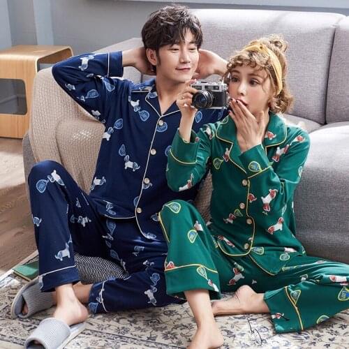 2020 Spring and Autumn Unisex Pajamas Cute Men Pajamas Cotton Long Sleeve Cartoon Pajamas Ladies Couple Pajamas Set sleepwear